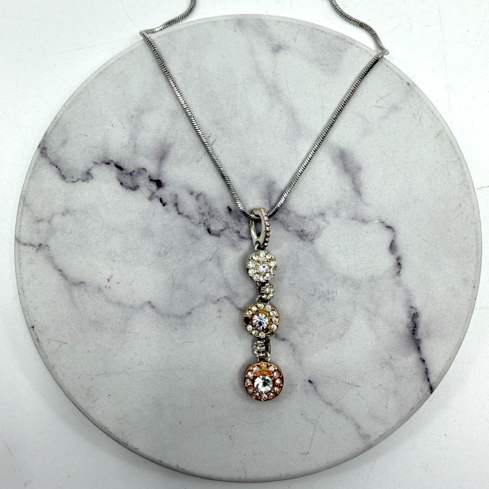 Tri Tone Clear Rhinestone Drop Pendant Necklace Silver & Gold Rose Tone Sparkle